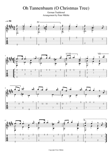 Oh Tannenbaum (O Christmas Tree) in Standard Notation and TAB (arr. Peter Miklitz)