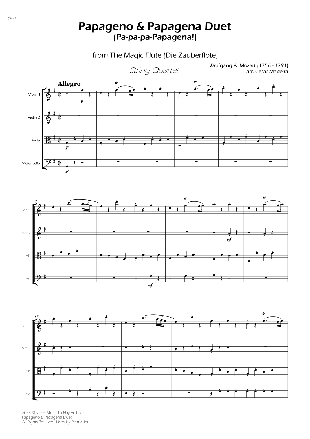 Papageno and Papagena Duet - String Quartet (Full Score) - Score Only (arr. César Madeira)