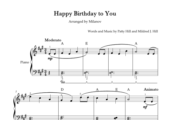 Happy Birthday to You Piano in A Easy Intermediate Chord Fingering Pedal (arr. Milanov)