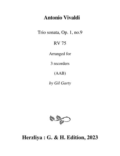 Trio sonata Op.1, no.9, RV 75 (Arrangement for 3 recorders (AAB)) (arr. Gil Garty)