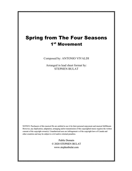 Spring - 1st Movement from "The Four Seasons" (Vivaldi) - Lead sheet (key of C) (arr. Stephen Bulat)