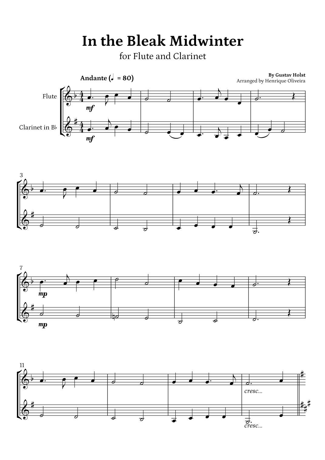In the Bleak Midwinter (Flute and Clarinet) - Beginner Level (arr. Henrique Oliveira)