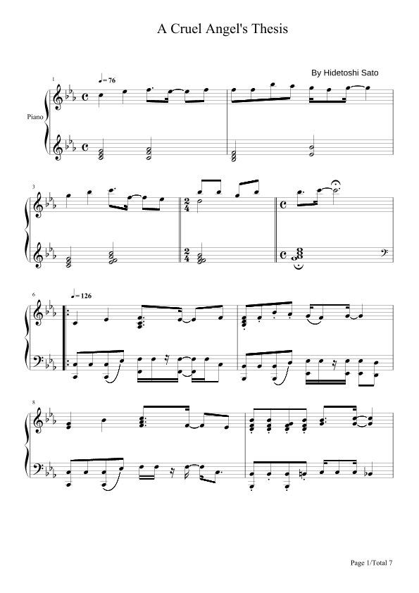 A Cruel Angel's Thesis,Yoko Takahashi,Piano Solo Sheet