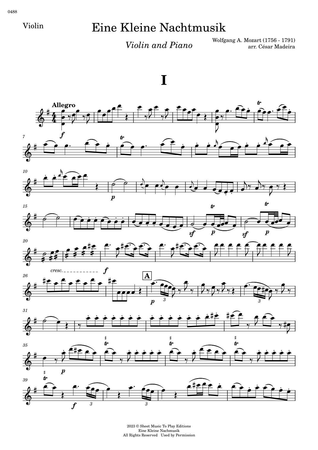 Eine Kleine Nachtmusik (1 mov.) - Violin and Piano (Individual Parts) (arr. César Madeira)
