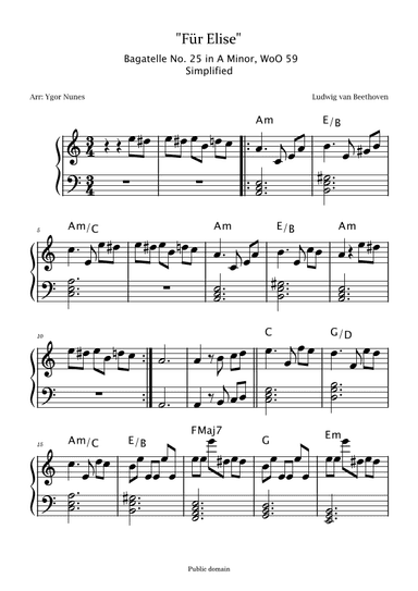 Beethoven - Für Elise - Easy piano. Simplified With Chords (arr. Ygor Nunes)