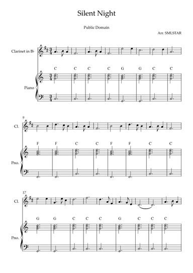 Silent Night CLARINET and PIANO Sheet Music to beginners (arr. SMLStar)