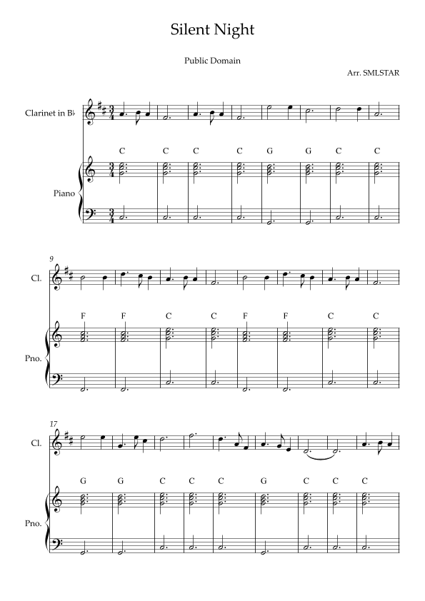 Silent Night CLARINET and PIANO Sheet Music to beginners (arr. SMLStar)