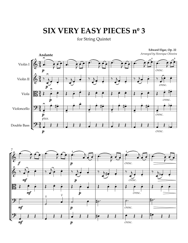 Six Very Easy Pieces nº 3 (Andante) - For String Quintet (arr. Henrique Oliveira)