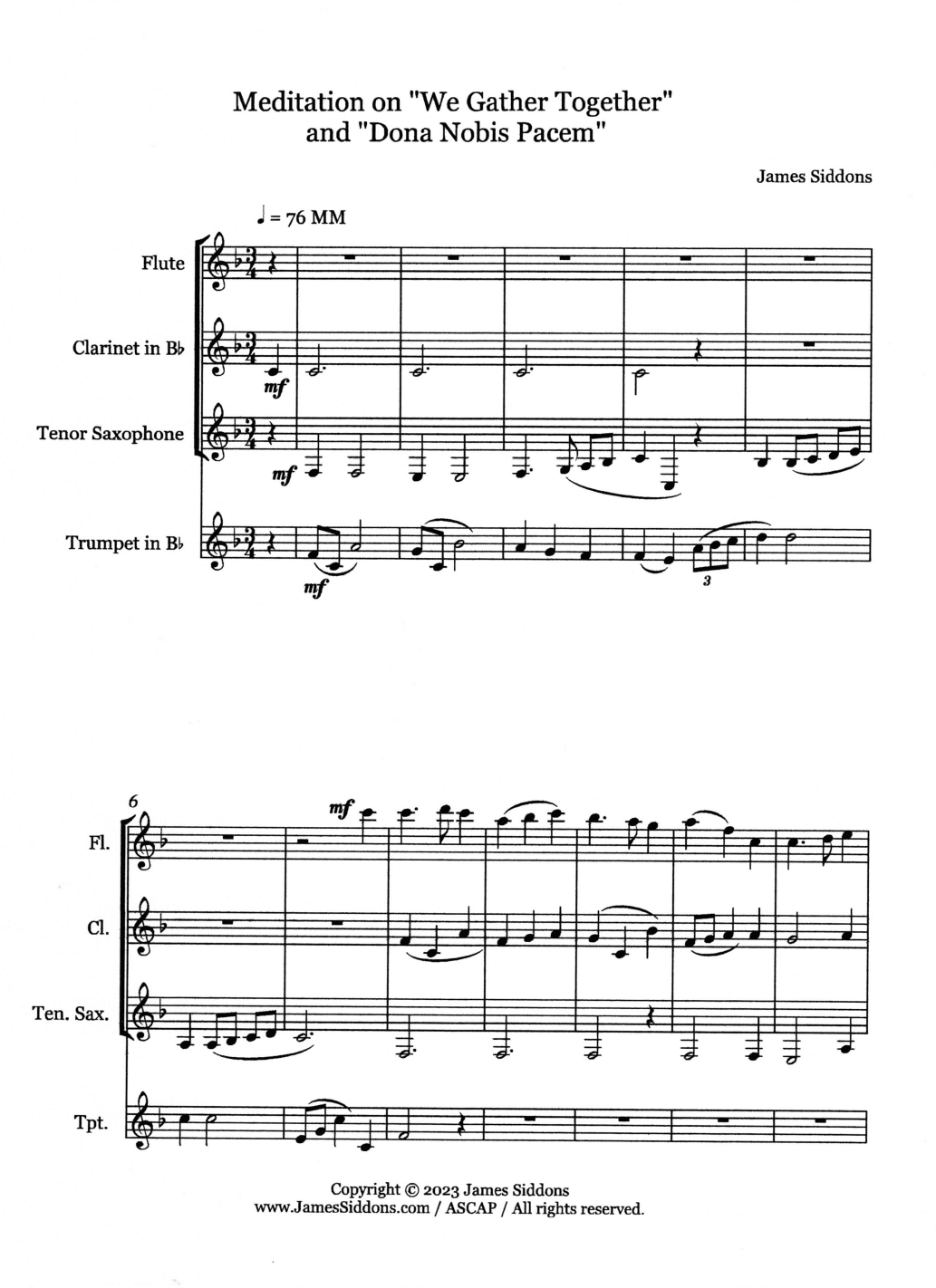 Meditation on "We Gather Together" and "Dona Nobis Pacem" for Fl Cl TSax Tpt