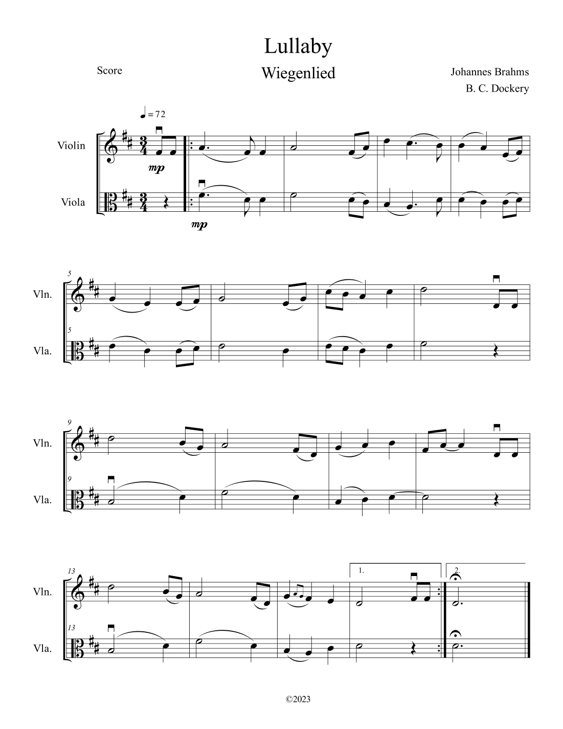 Brahms's Lullaby (Violin and Viola Duet) (arr. B. C. Dockery)