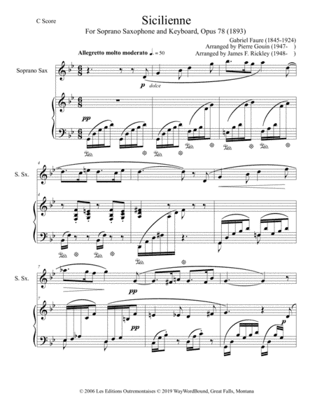 Sicilienne, Opus 78 (1893) for Soprano Saxophone and Keyboard (arr. Pierre Gouin, James F. Rickley)