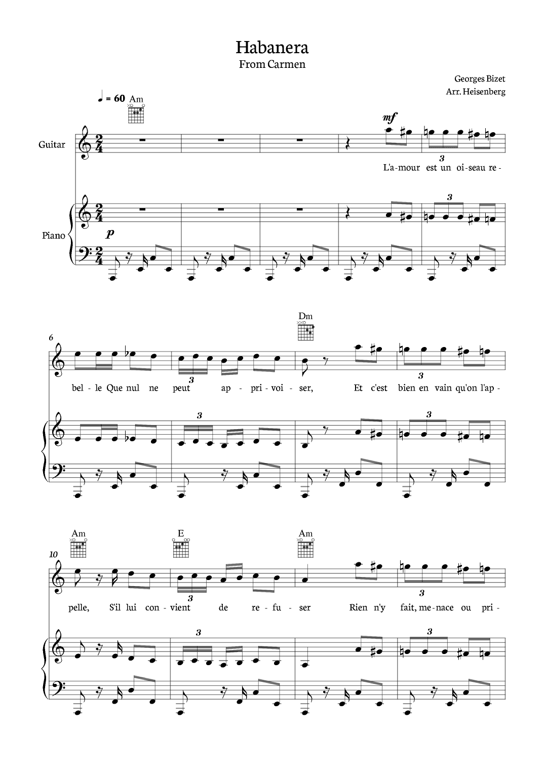 Habanera from Carmen for Classical Guitar with piano and chords. (arr. Heisenberg)