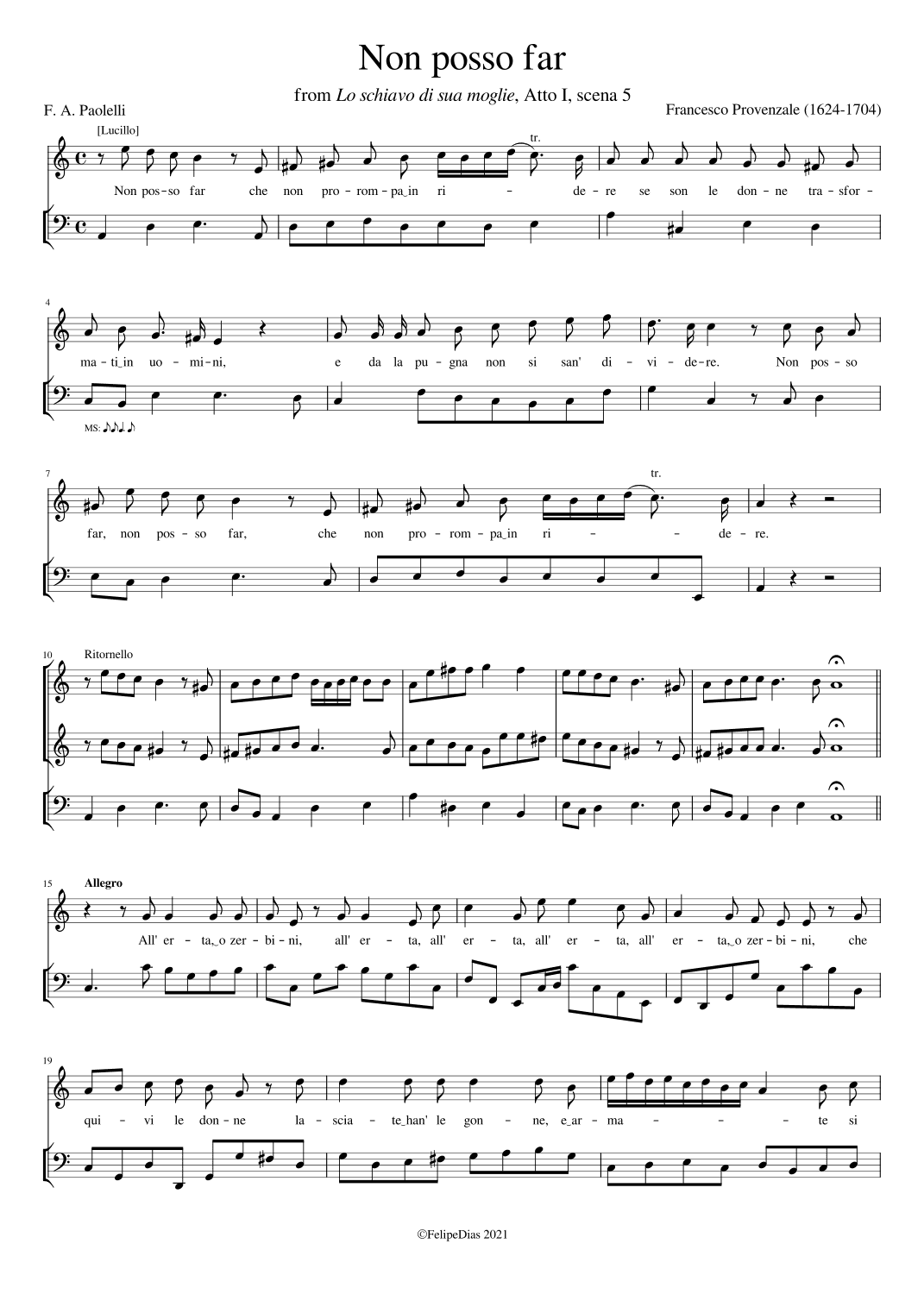 Non posso far (Lucillo's aria from Lo schiavo di sua moglie) (arr. Early Music Scores)