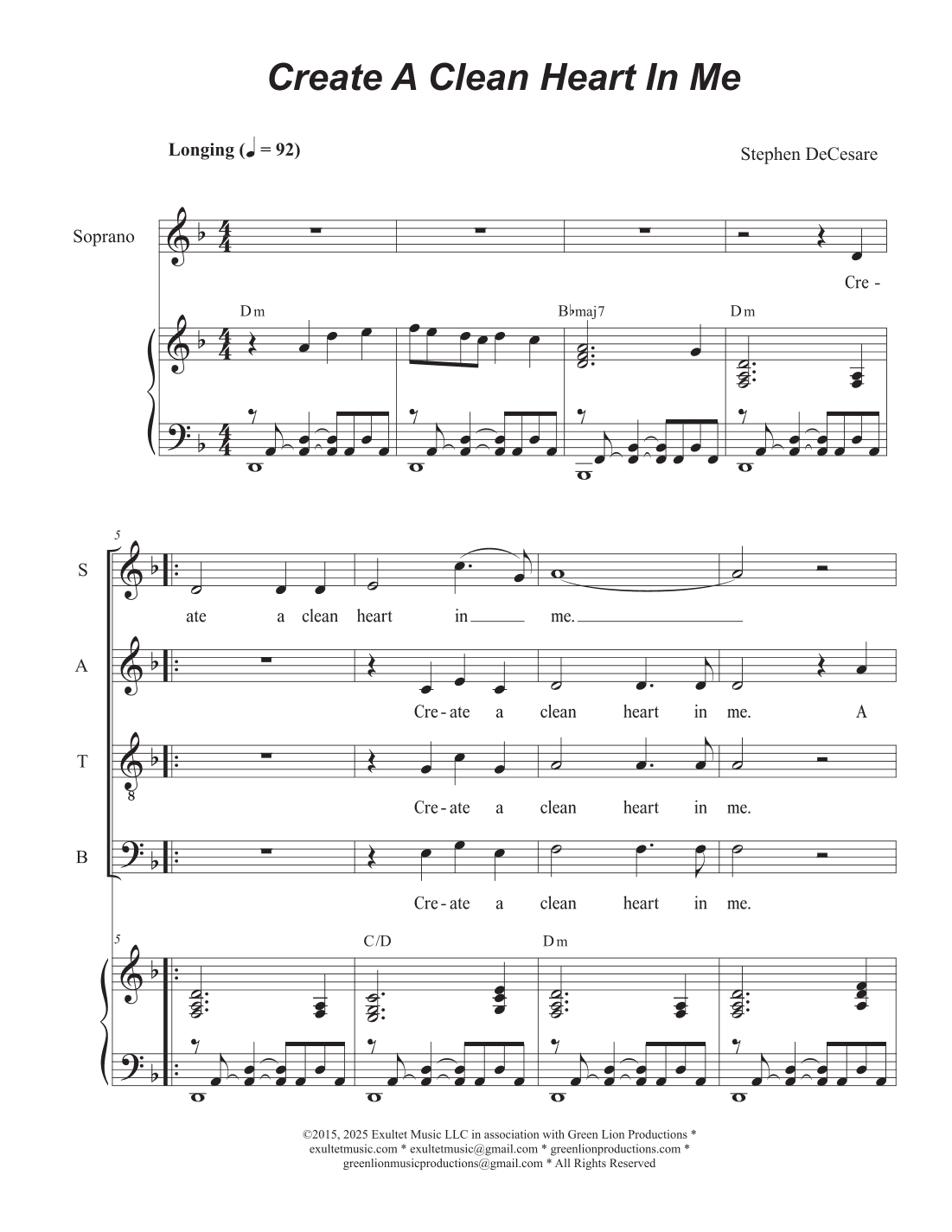 Create A Clean Heart In Me (Vocal Quartet - (SATB)