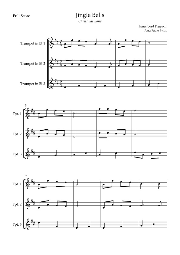 Jingle Bells (Christmas Song) for Trumpet in Bb Trio (arr. Fabio Britto)