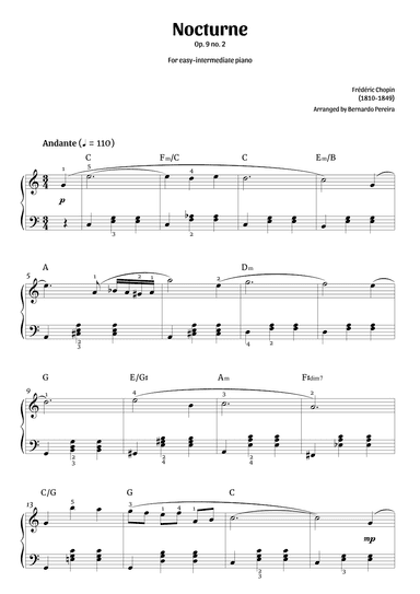 Nocturne Op. 9 no. 2 (easy-intermediate piano – C major) (arr. Bernardo Pereira)