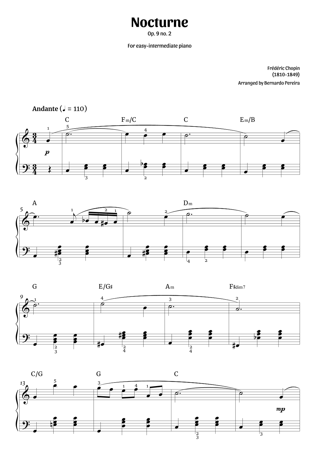 Nocturne Op. 9 no. 2 (easy-intermediate piano – C major) (arr. Bernardo Pereira)