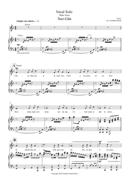 Suo-Gan Male Vocal Solo with Piano. Welsh Traditional Lullaby. (arr. Jonathan Mead)