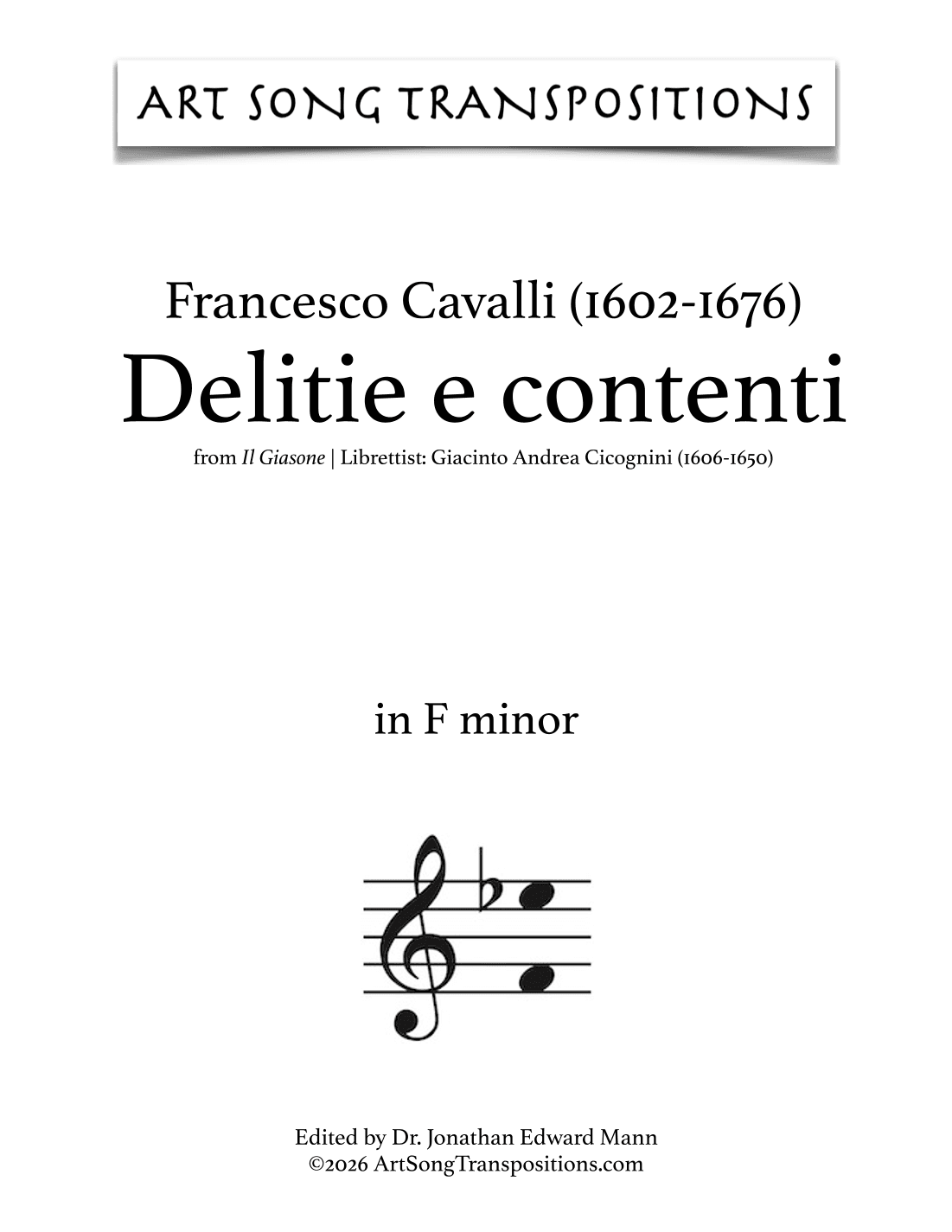CAVALLI: Delizie contente (transposed to F minor) (arr. ArtSongTranspositions.com)