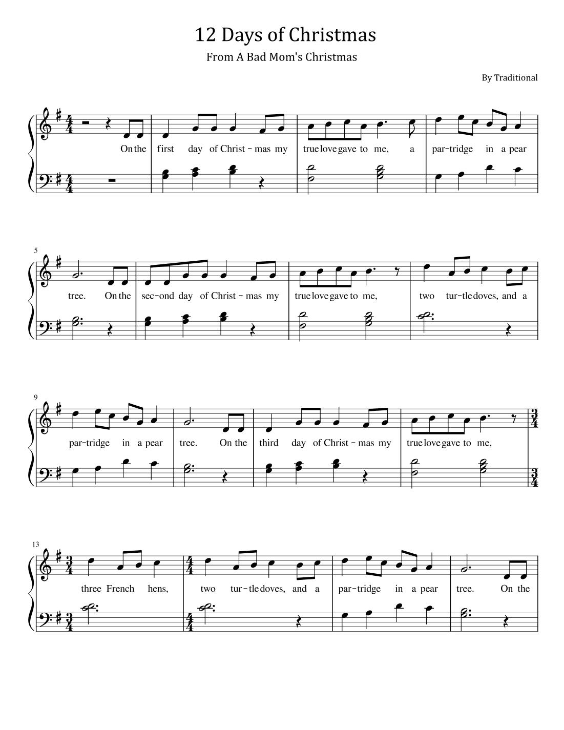 12 Days of Christmas - From A Bad Mom's Christmas - For Easy Piano With Lyric (arr. poon)