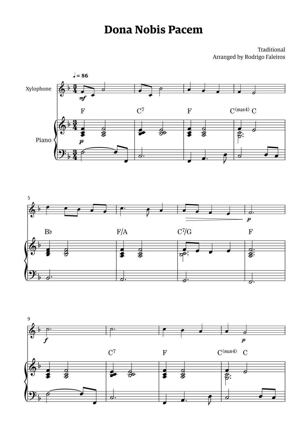 Dona Nobis Pacem - for xylophone (with piano accompaniment with chords) (arr. Rodrigo Faleiros)