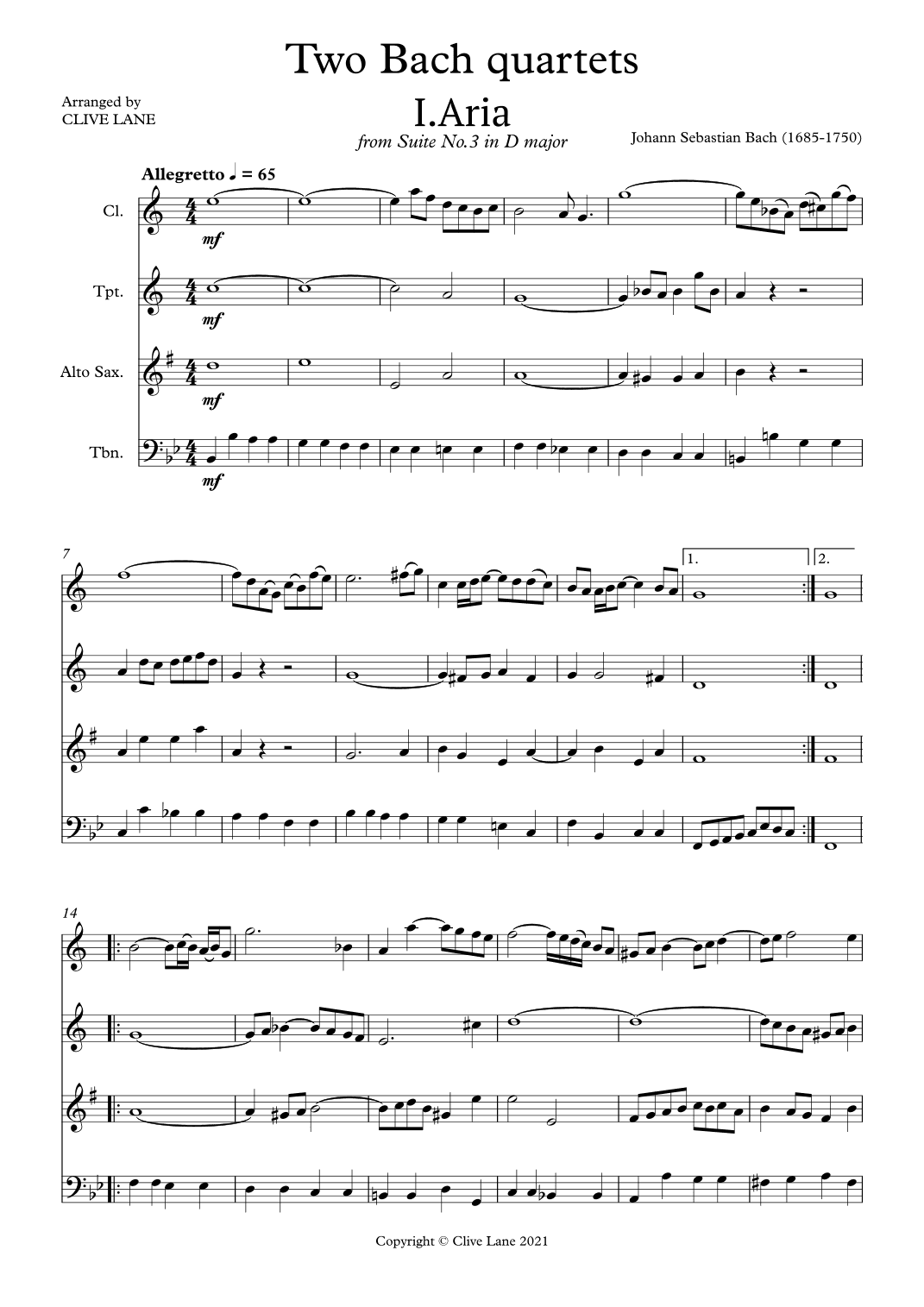 Two Bach quartets for mixed woodwind and brass (arr. Clive Lane)