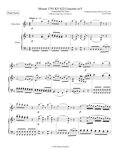 Mozart 1791 KV 622 Flute Concerto in F for Piano and Flute (arr. R G Roth)