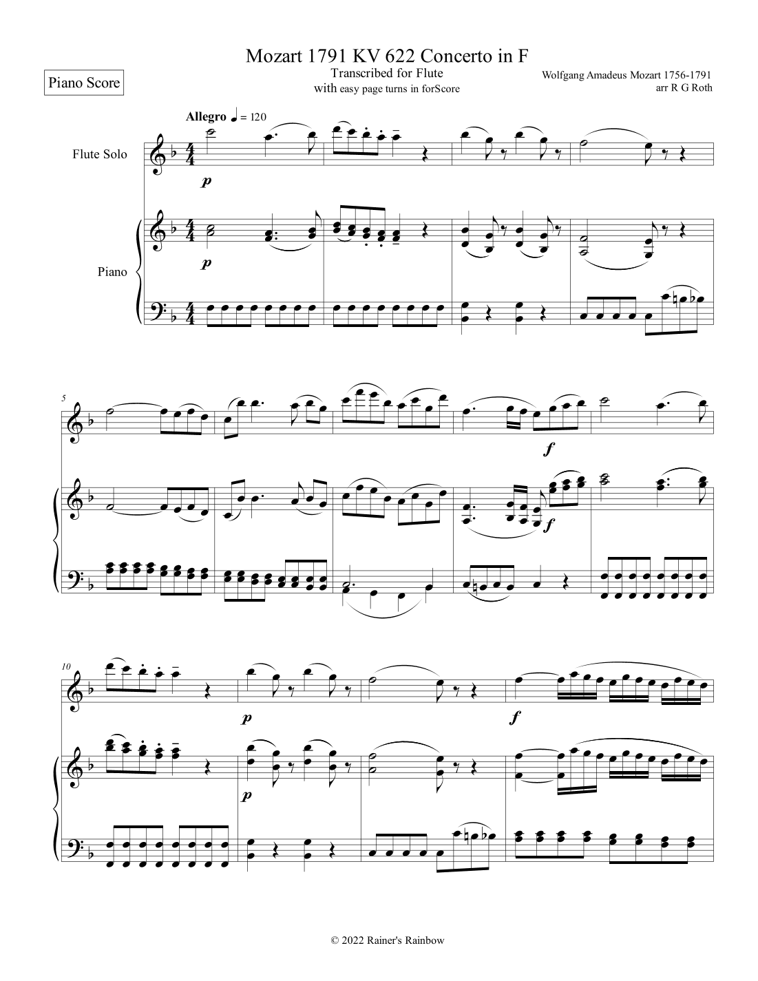 Mozart 1791 KV 622 Flute Concerto in F for Piano and Flute (arr. R G Roth)