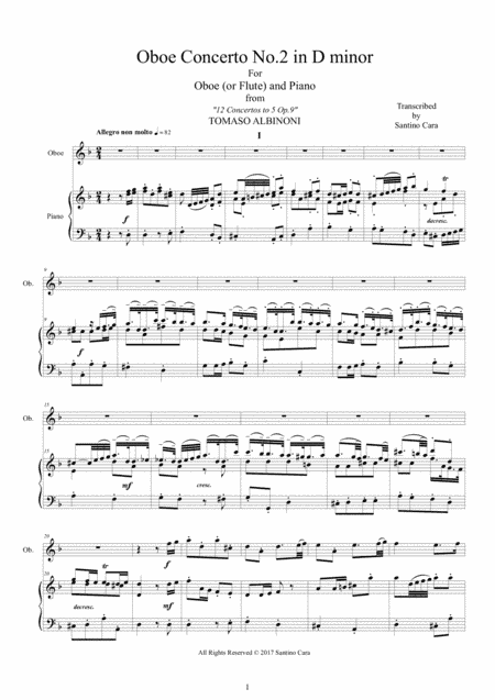 Albinoni - Oboe Concerto No.2 in D minor Op.9 for Oboe or Flute and Piano (arr. Santino Cara)