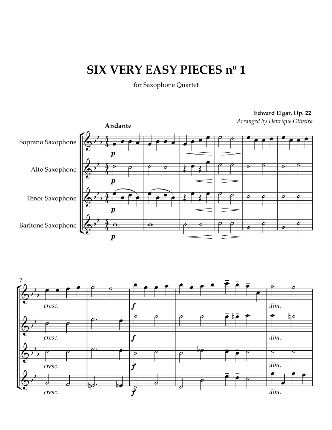 Six Very Easy Pieces nº 1 (Andante) - Saxophone Quartet (arr. Henrique Oliveira)