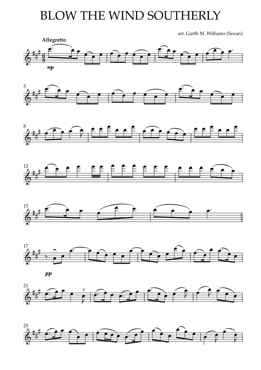 BLOW THE WIND SOUTHERLY for solo flute and piano (arr. Garth M. Williams)