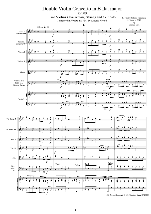 Vivaldi - Double Violin Concerto in B flat major RV 529 for Two Violins, Strings and Cembalo (arr. Santino Cara)