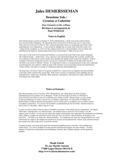 Jules Demersseman : Deuxième Solo : Cavatina et Cabaletta for clarinet in Bb and piano (arr. Musik Fabrik Music Publishing)