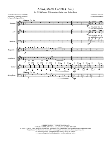Adiós, Mamá Carlota for SAB Chorus, 2 Requintos, Guitar, and Bass (arr. Joel Jacklich (ASCAP))