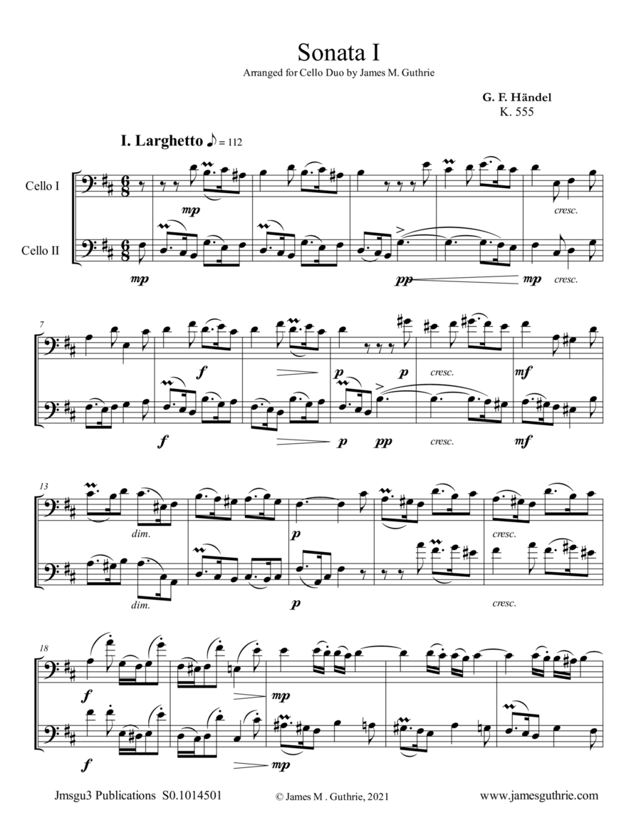 Handel: Six Sonatas Complete for Cello Duo (arr. James M. Guthrie)