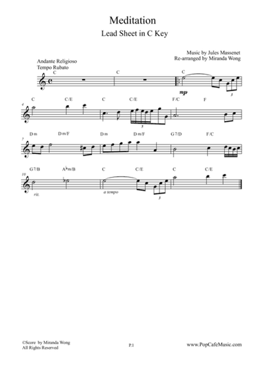 Meditation (from Thais) - Lead Sheet in C Key (arr. Miranda Wong)
