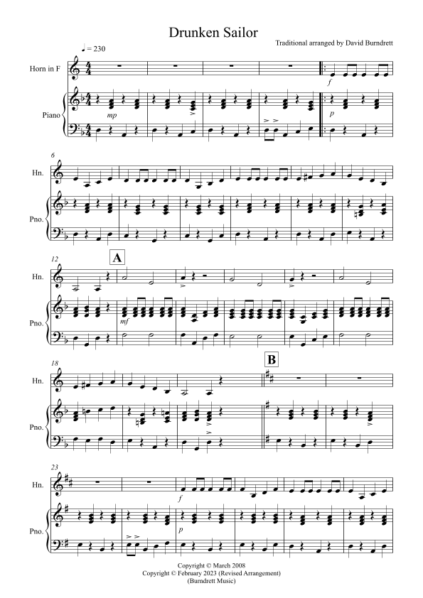 Drunken Sailor for French Horn and Piano (arr. David Burndrett)