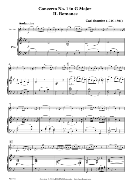 Romance from Concerto No.1 in G Major for Violin & Piano (arr. Mikio Kamada)