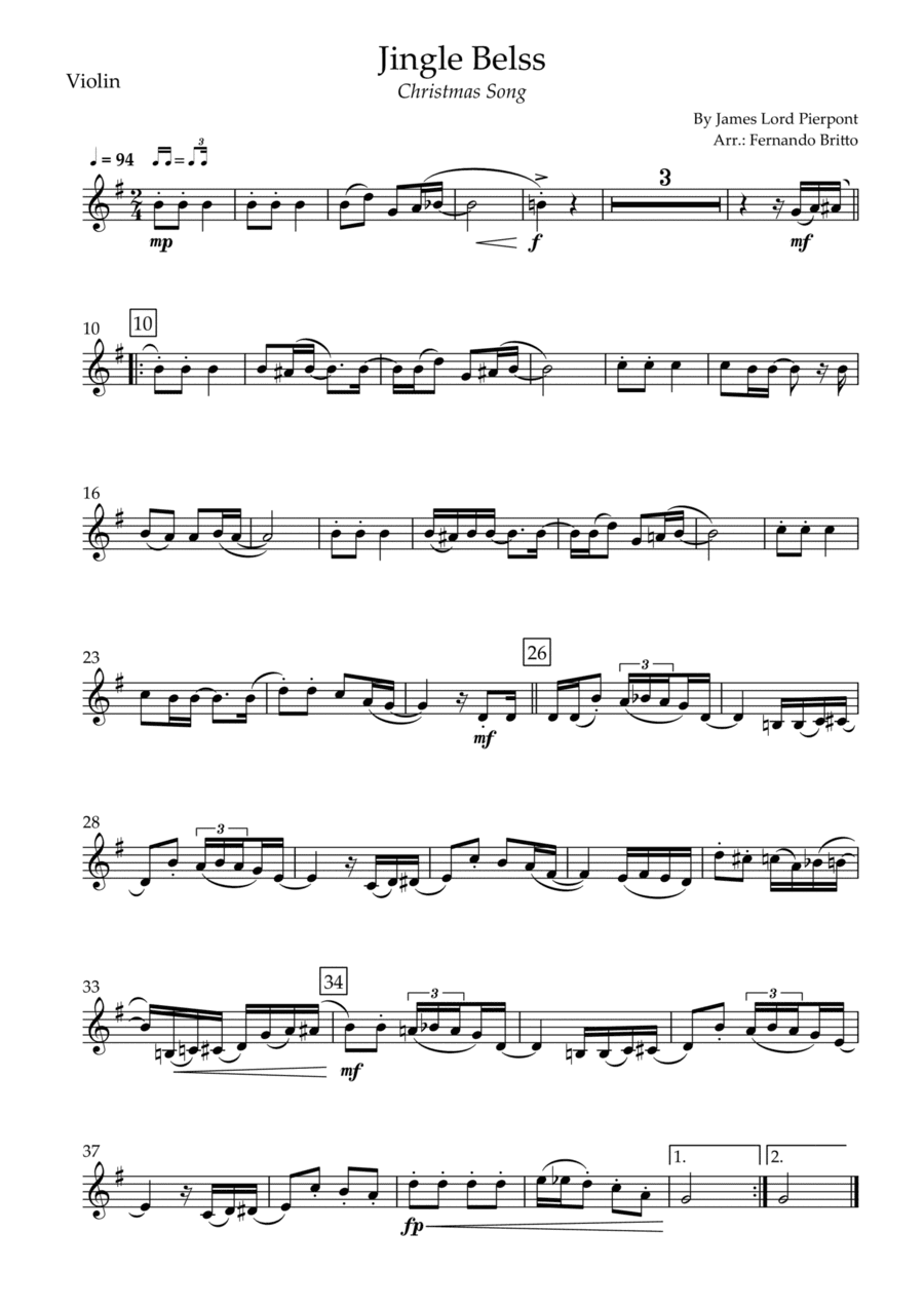 Jingle Bells - Jazz Version (Christmas Song) for Violin Solo (arr. Fernando Britto)