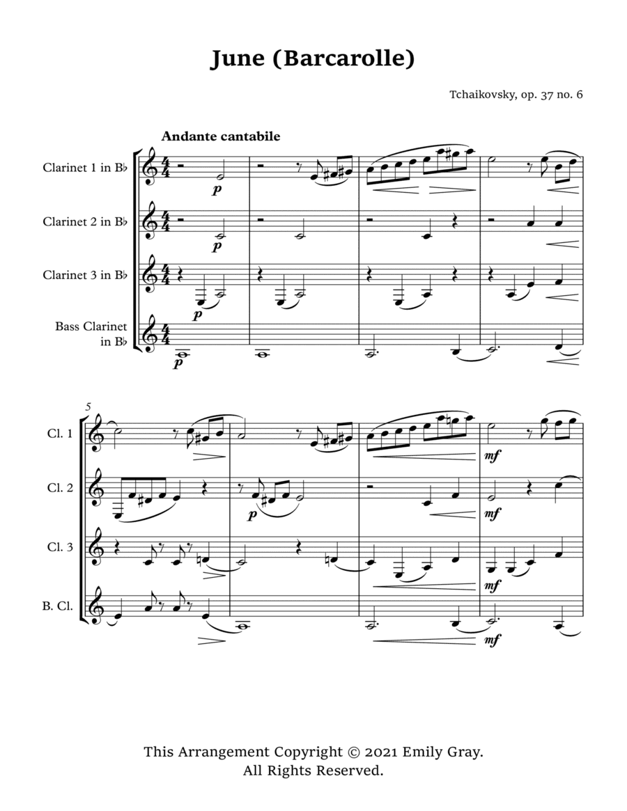 June:Barcarolle (Clarinet Quartet With Bass Clarinet) (arr. Emily Gray)