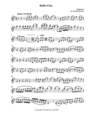 Bella Ciao, for Intermediate Violin (arr. Sandy Herrault)