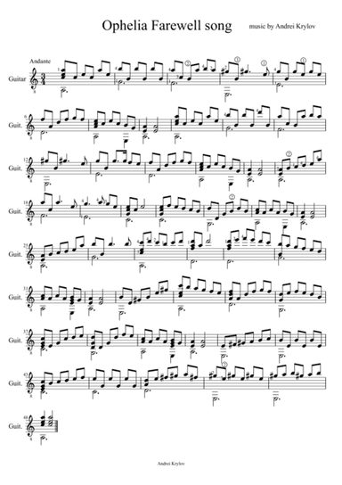 Ophelia Farewell song, music for Classical guitar by Andrei Krylov