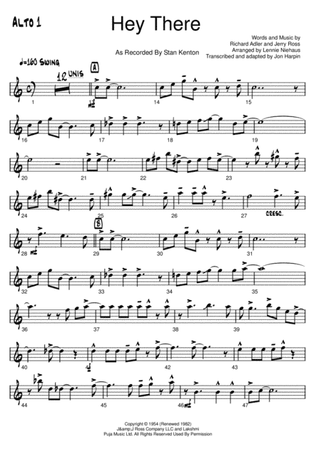 Hey There (arr. Arranged by Lennie Niehaus Transcribed and adapted by Jon Harpin)