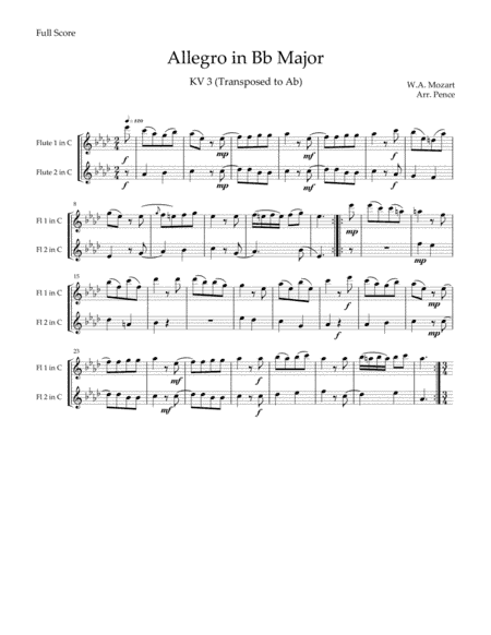 Three MORE Mozart Duets for Flute (KV3, 4 and 6) (arr. Christopher Pence)
