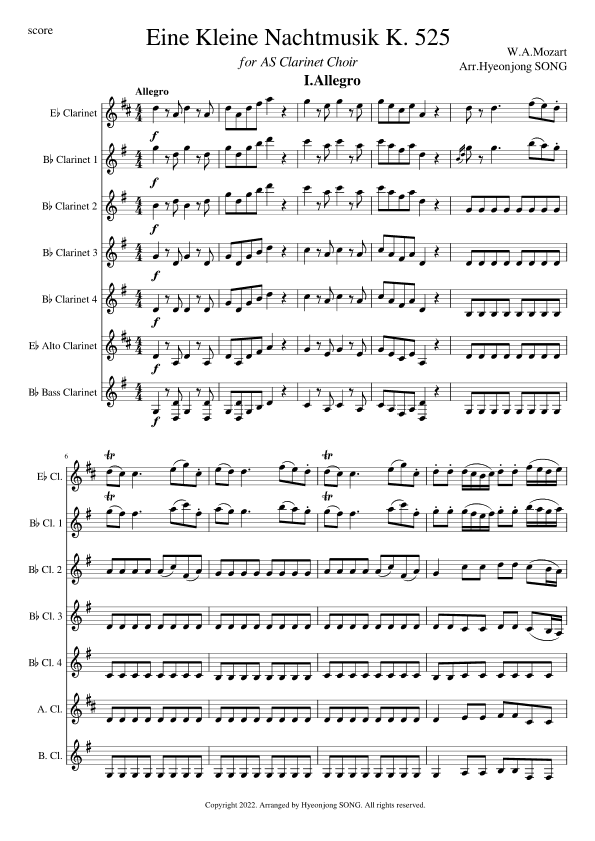 Eine kleine Nachtmusik , K525 for Clarinet Choir (arr. Hyeonjong SONG)