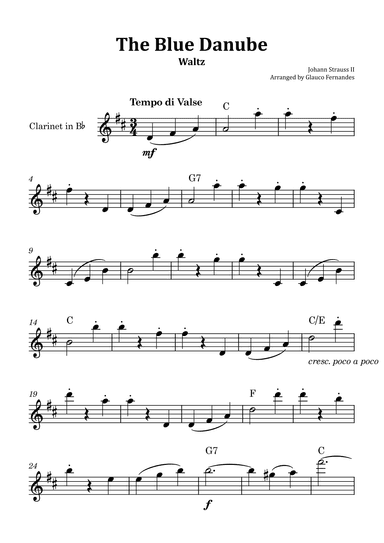 The Blue Danube - Clarinet Solo with Chord Notations (arr. Glauco Fernandes)