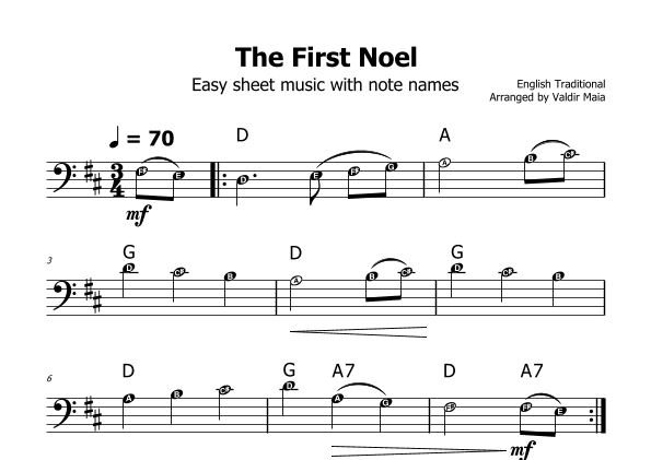 The First Noel - (D Major - with note names) (arr. Valdir Maia)