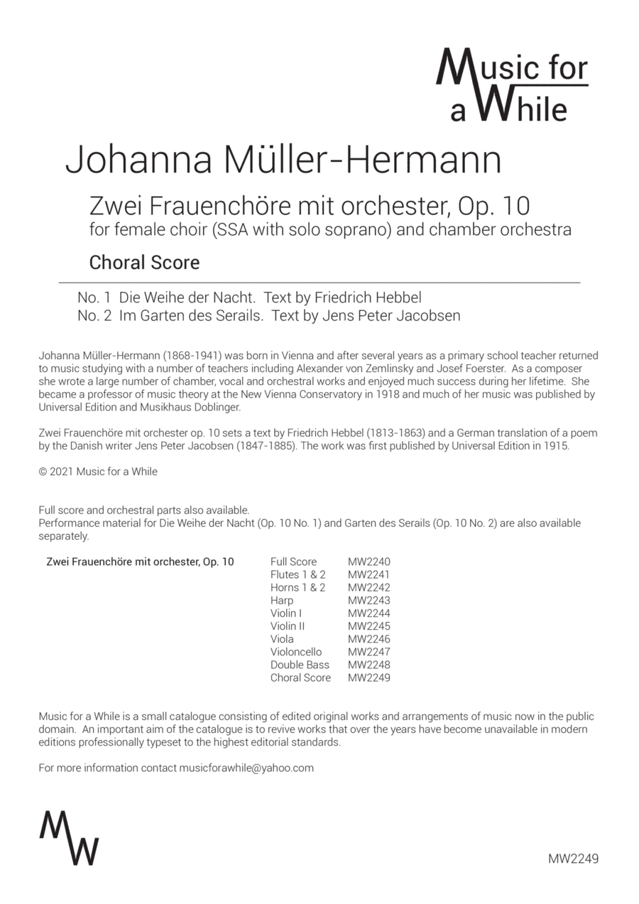 Johanna Müller-Hermann - Zwei Frauencho¨re mit orchester, Op. 10 for female choir and chamber orch (arr. Music for a While)