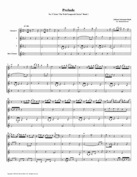 Prelude 17 from Well-Tempered Clavier, Book 1 (Clarinet Quartet) (arr. Richard Byrnes)