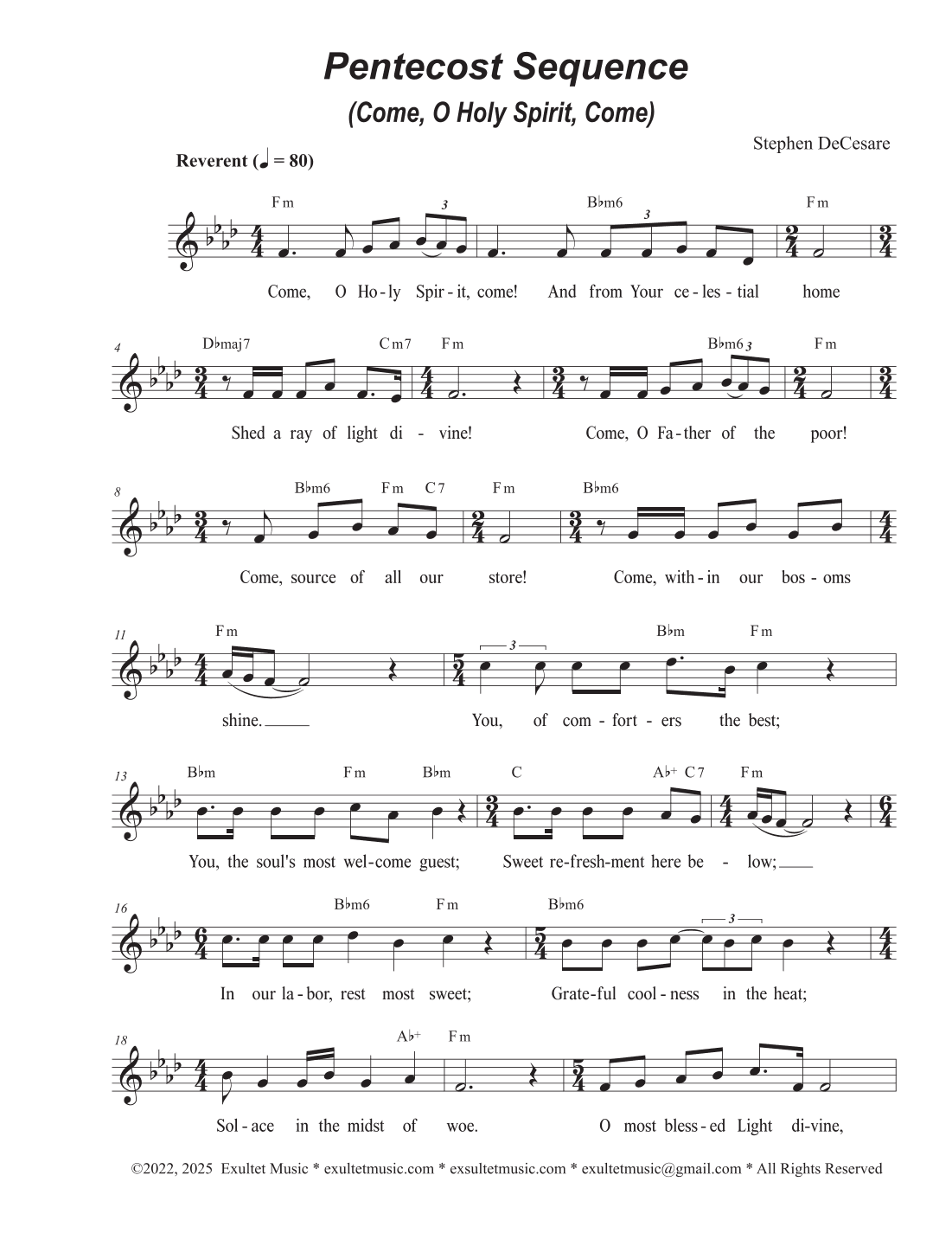 Pentecost Sequence (Come, O Holy Spirit, Come) (Unison choir - Medium Key)